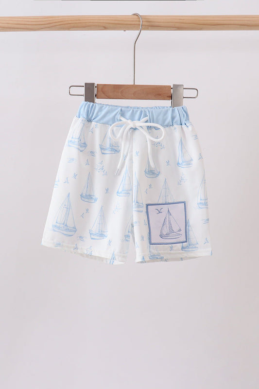 Boys Blue Sailboat Embroidered Swim Trunks