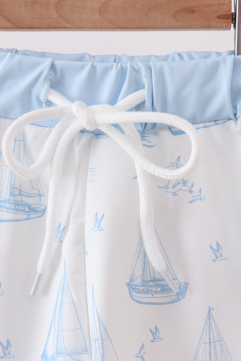Boys Blue Sailboat Embroidered Swim Trunks