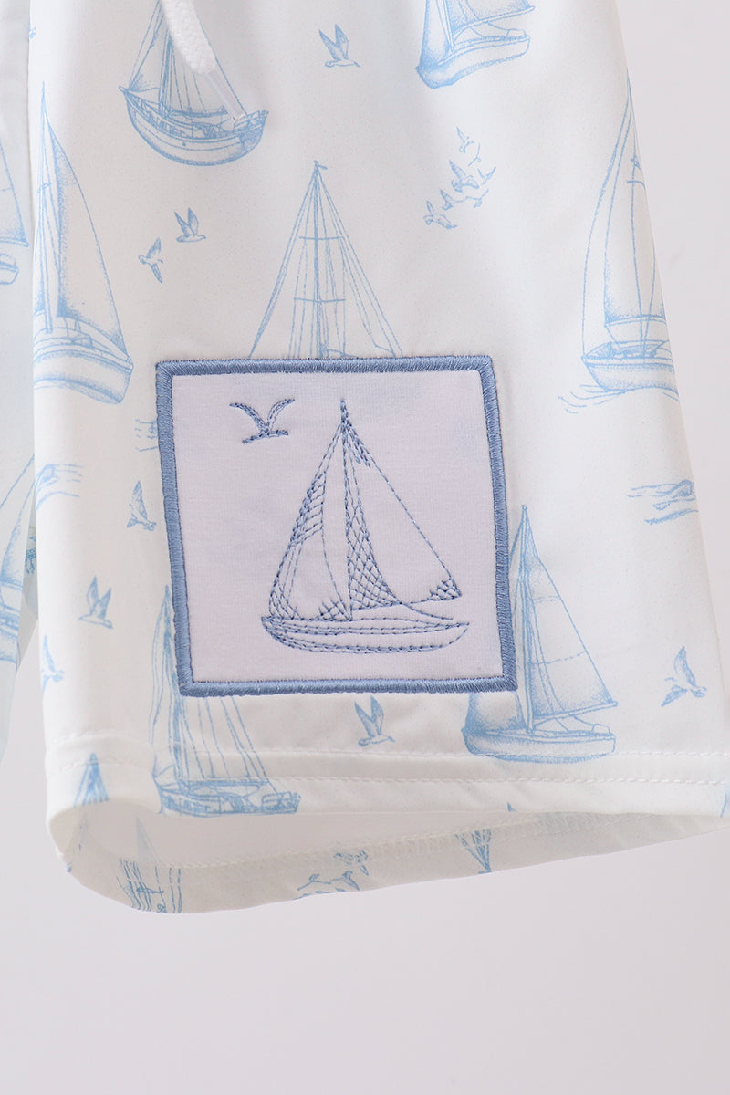Boys Blue Sailboat Embroidered Swim Trunks