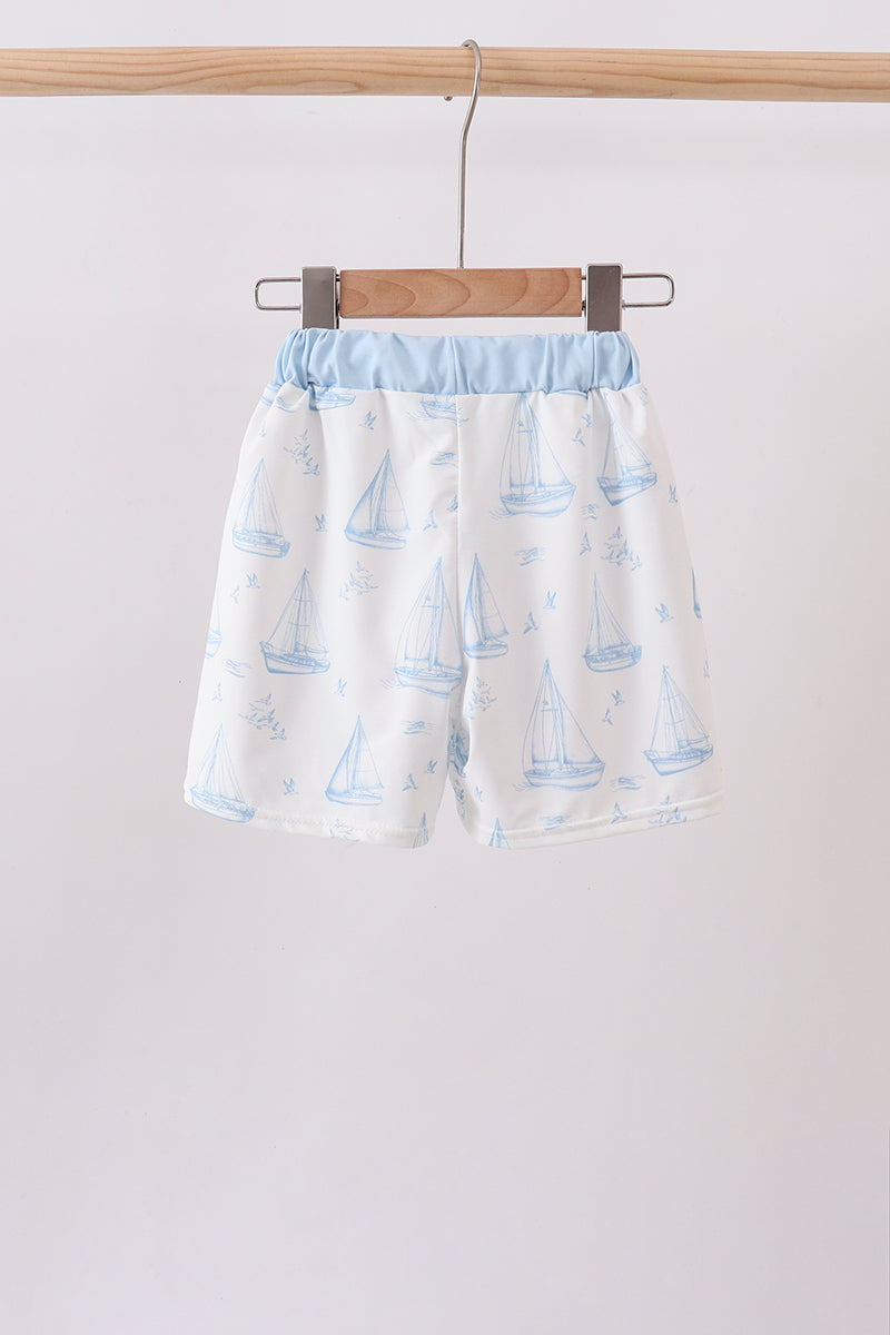Boys Blue Sailboat Embroidered Swim Trunks