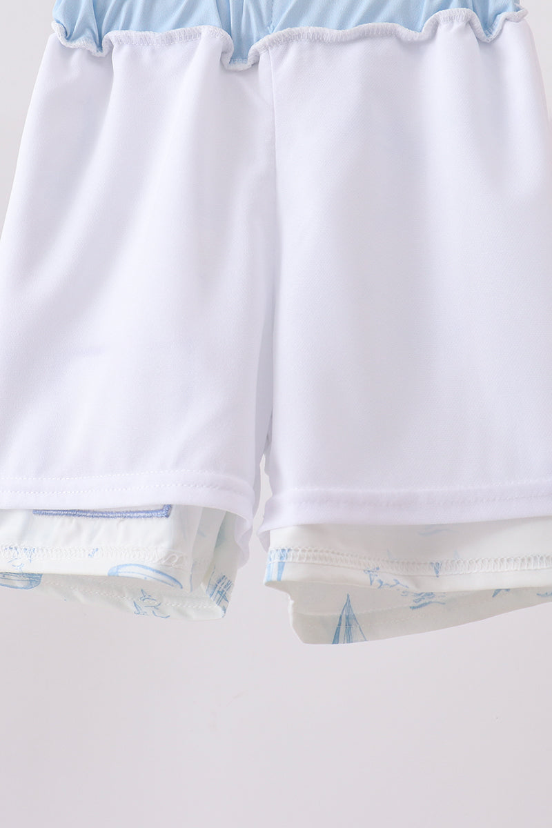 Boys Blue Sailboat Embroidered Swim Trunks