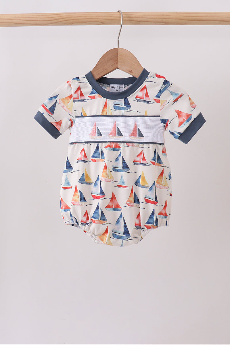 Baby Boys Blue Sailboat Smocked Bubble