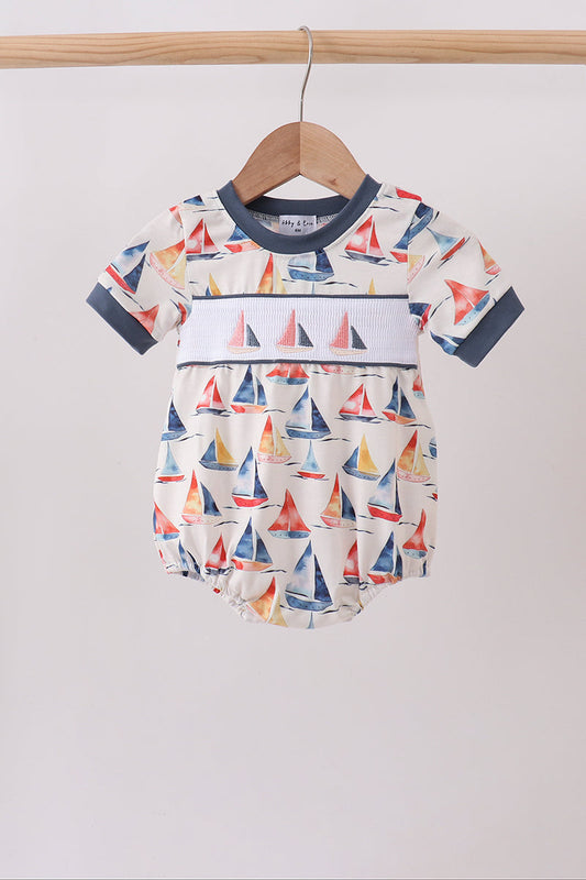 Baby Boys Blue Sailboat Smocked Bubble