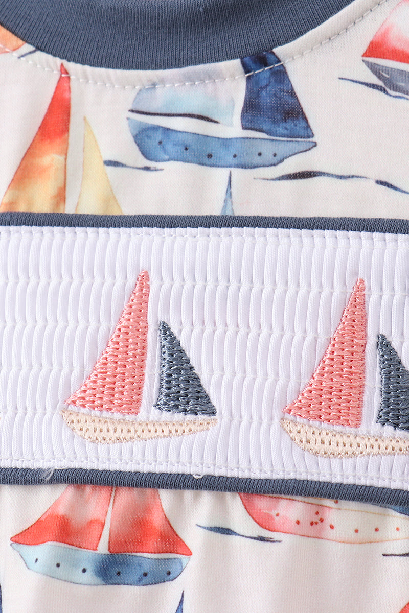 Baby Boys Blue Sailboat Smocked Bubble