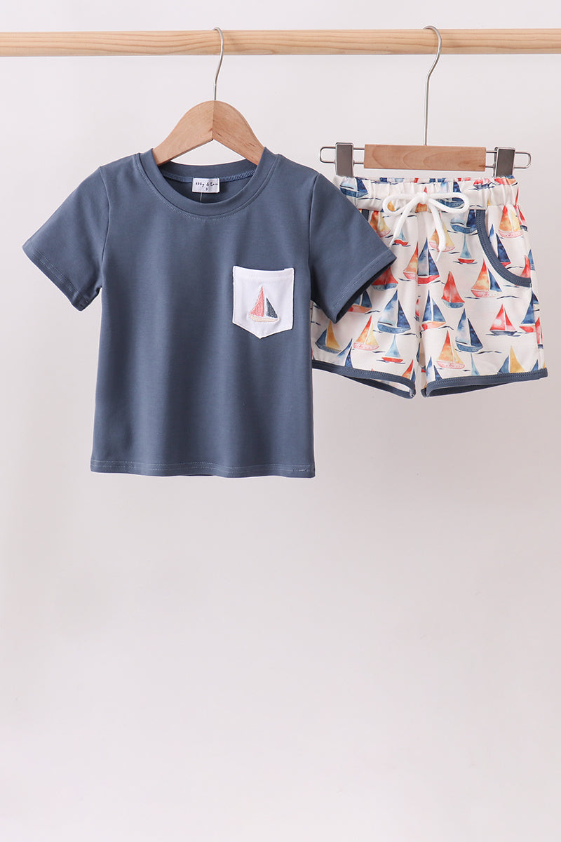 Boys Blue Sailboat Print Shorts Set