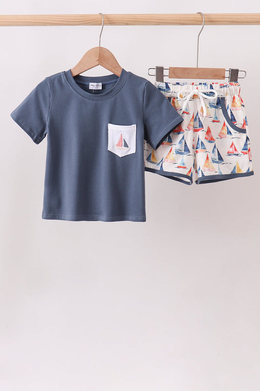 Boys Blue Sailboat Print Shorts Set