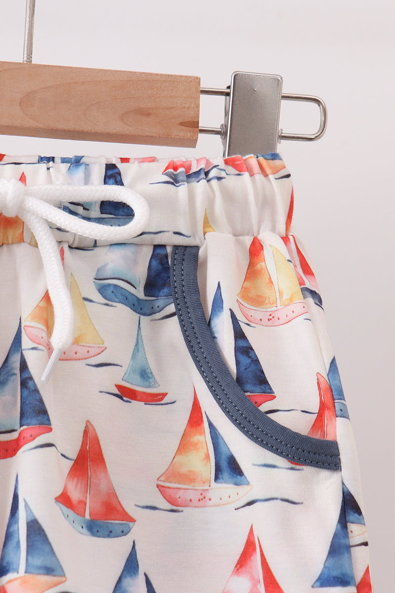 Boys Blue Sailboat Print Shorts Set