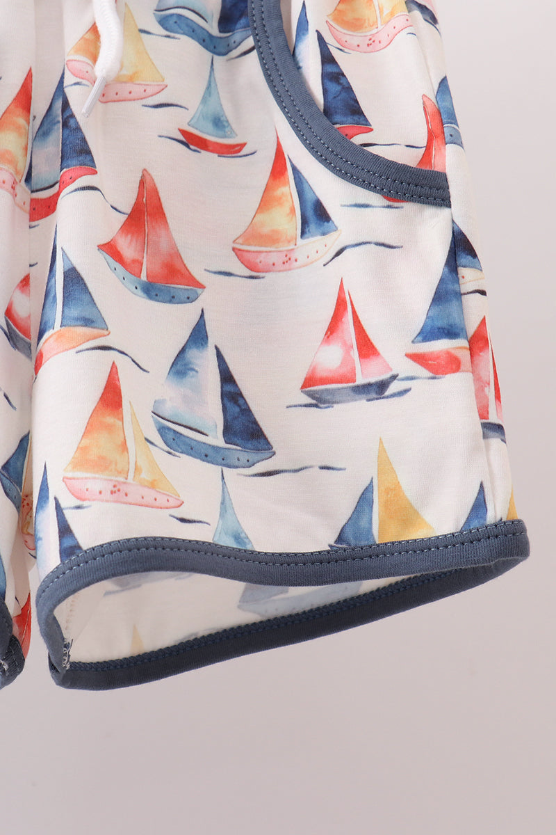 Boys Blue Sailboat Print Shorts Set