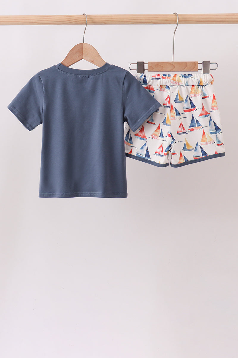 Boys Blue Sailboat Print Shorts Set