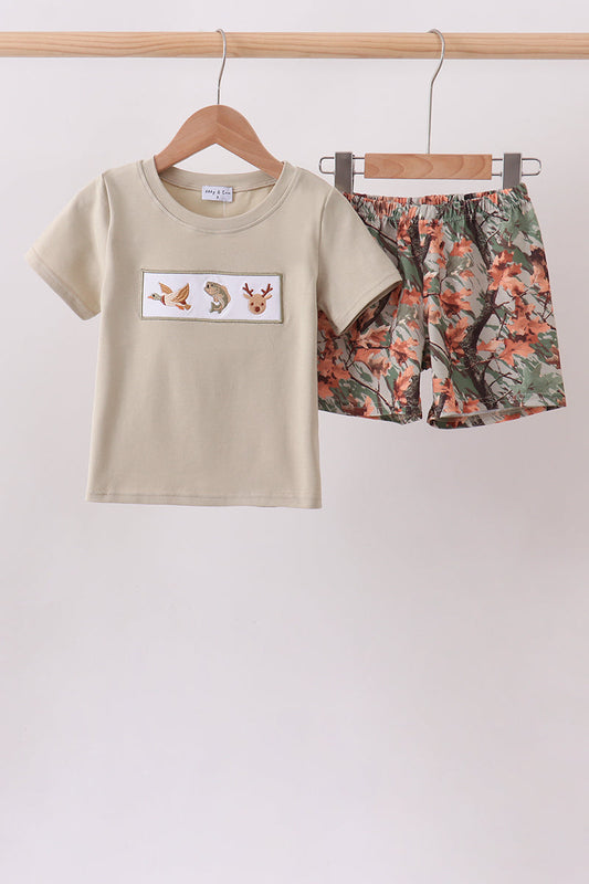 Boys Camo Wildlife Embroidered Shorts Set