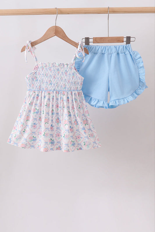 Girls Blue Floral Smocked Ruffle Shorts Set