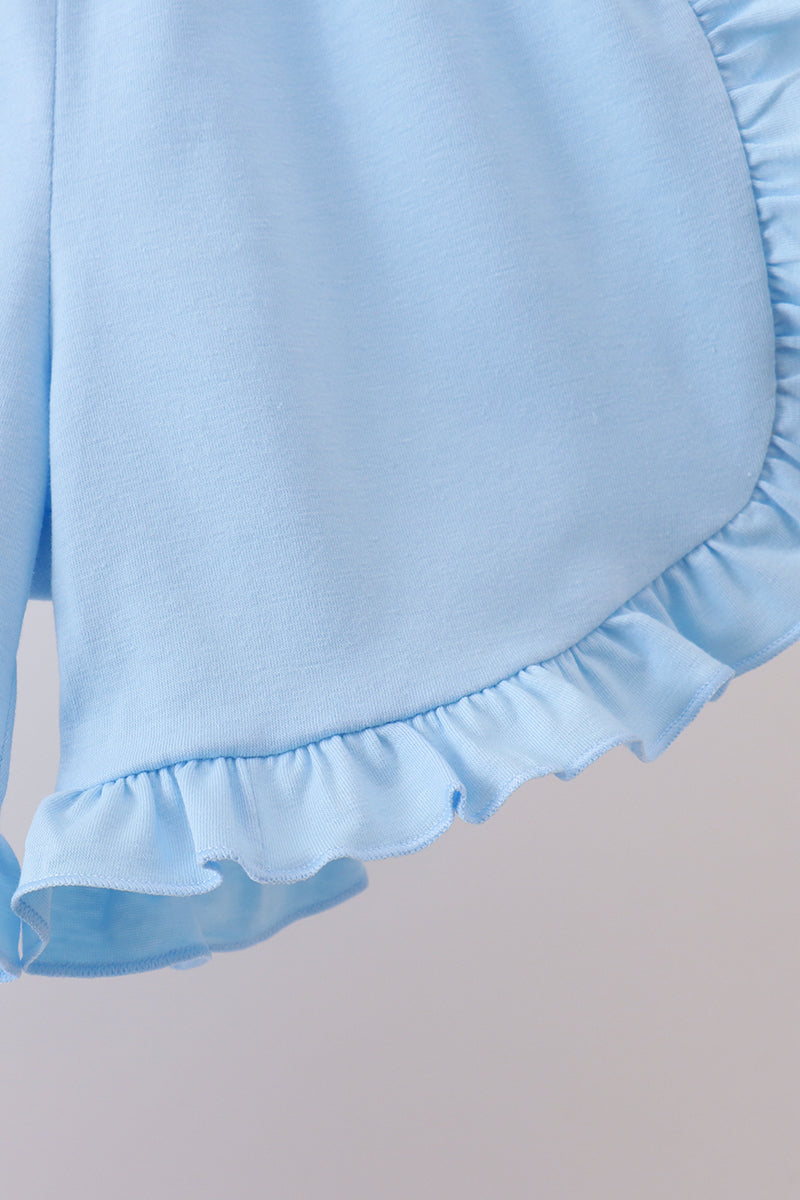 Girls Blue Floral Smocked Ruffle Shorts Set