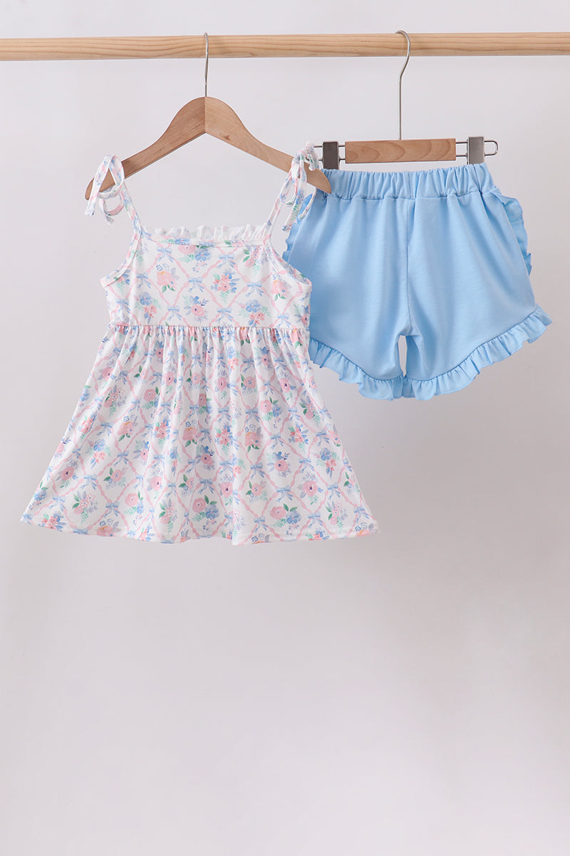 Girls Blue Floral Smocked Ruffle Shorts Set