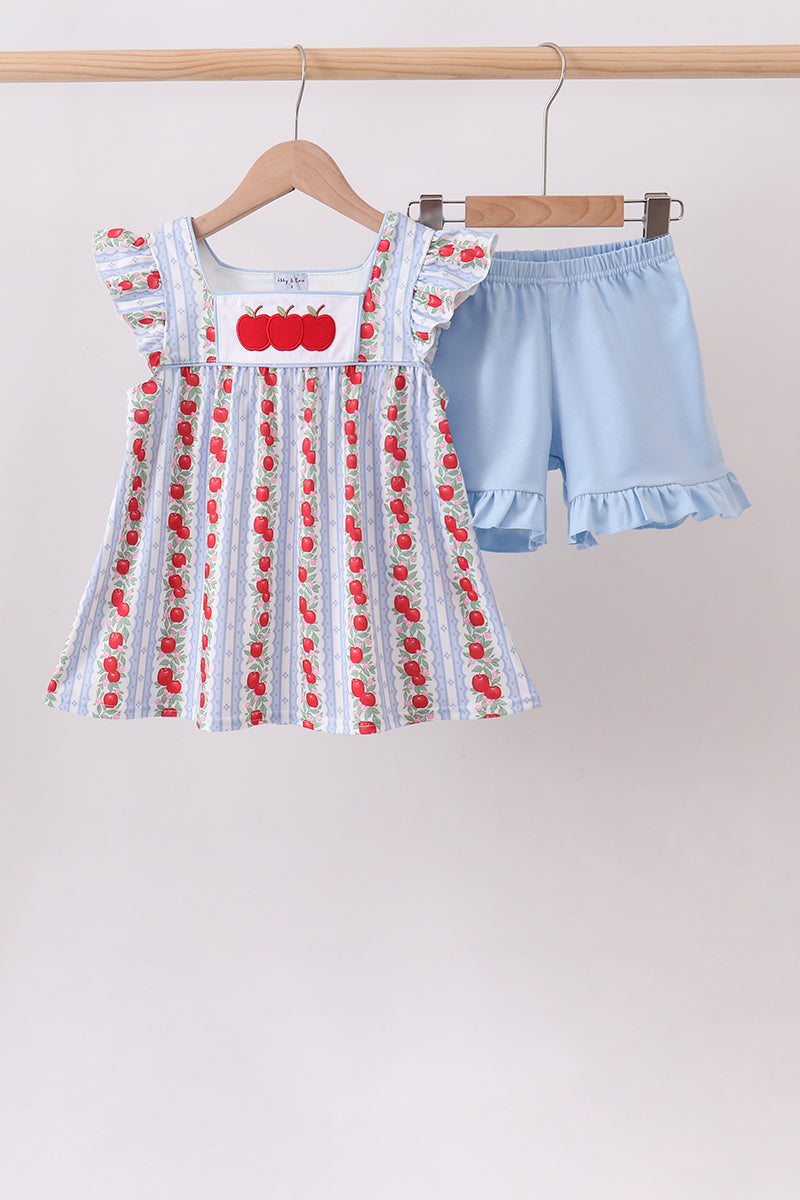 Girls Back to School Red Apple Applique Ruffle Shorts Set