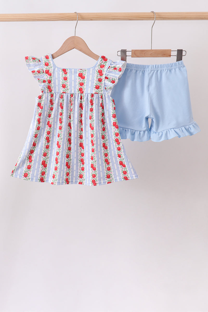 Girls Back to School Red Apple Applique Ruffle Shorts Set