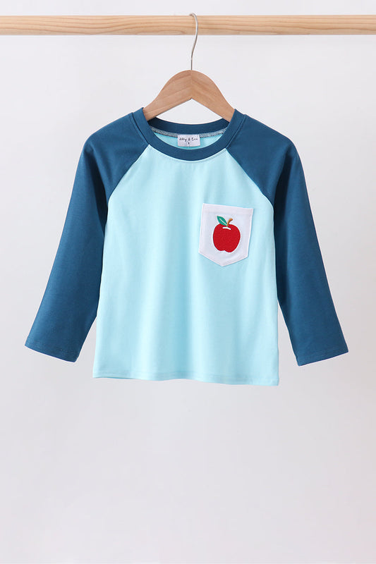 Boys Teal Apple Embroidered Raglan Shirt