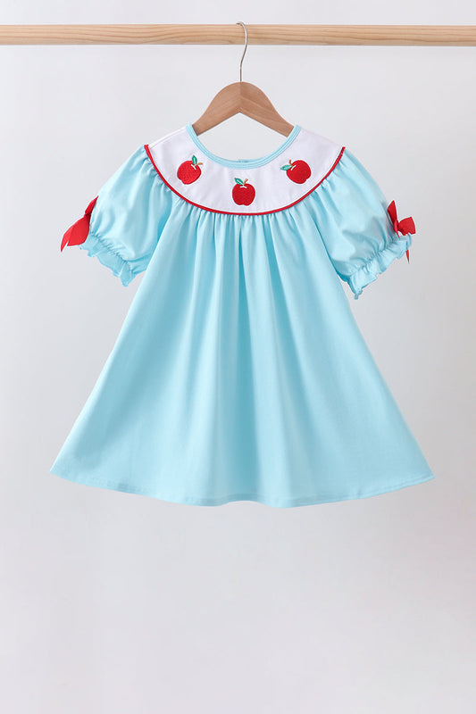 Girls Blue Apple Embroidered Dress