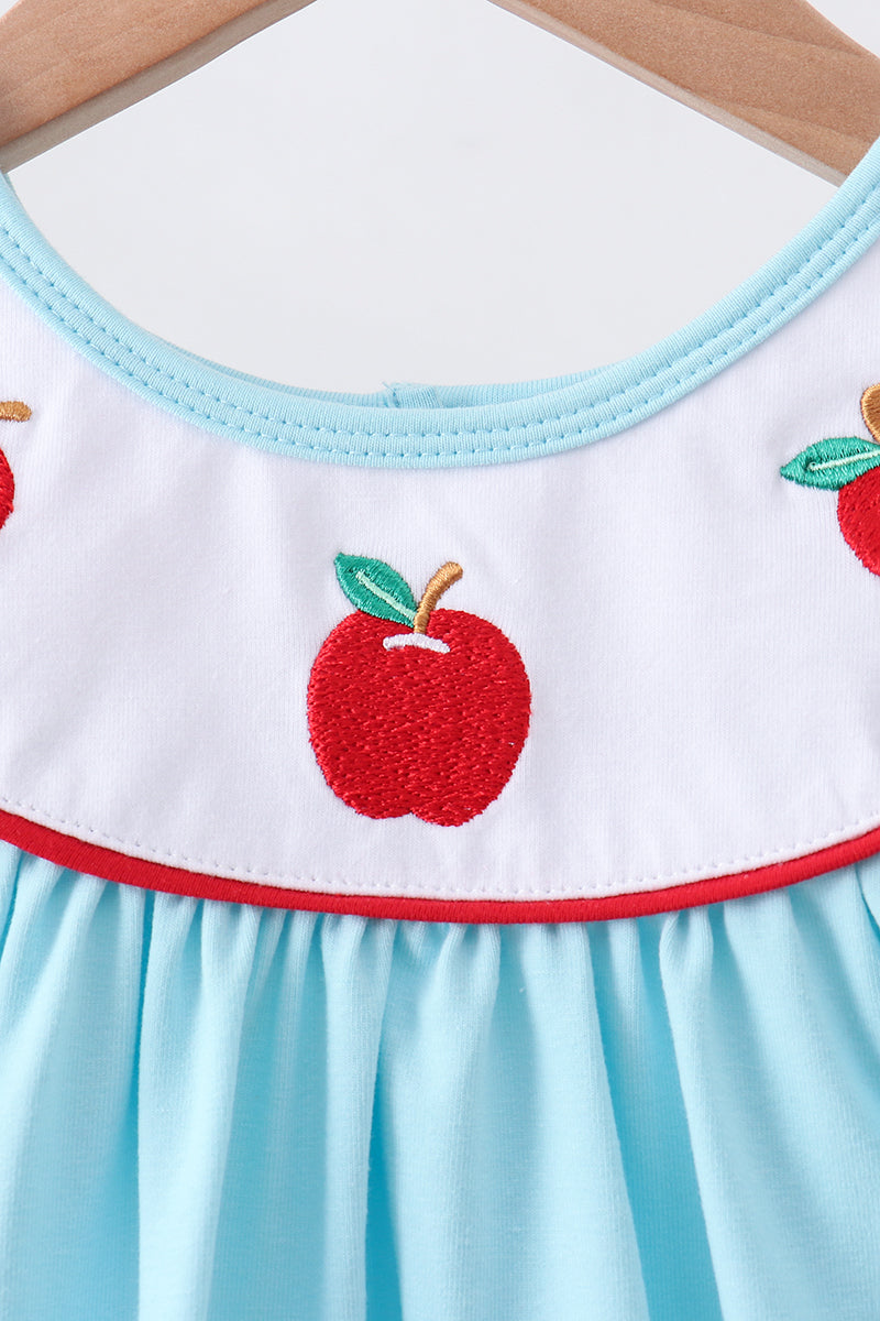 Girls Blue Apple Embroidered Dress