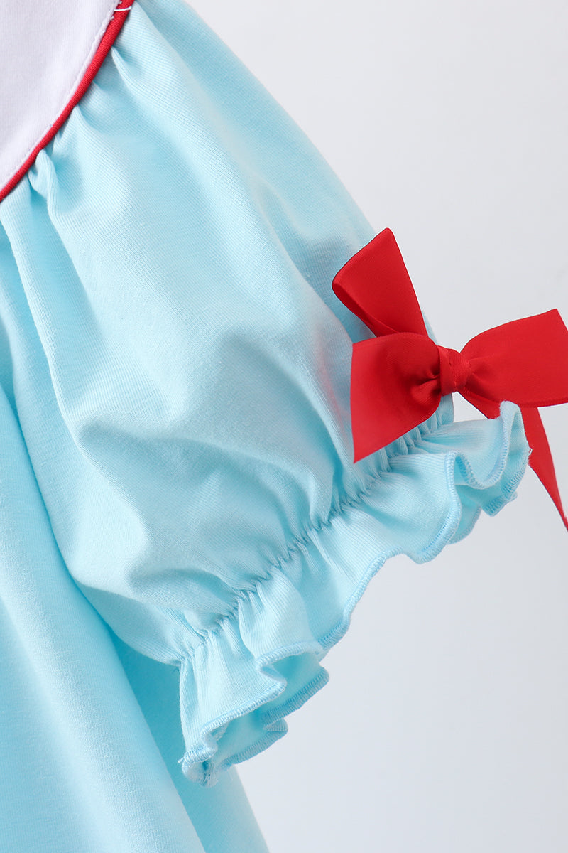 Girls Blue Apple Embroidered Dress