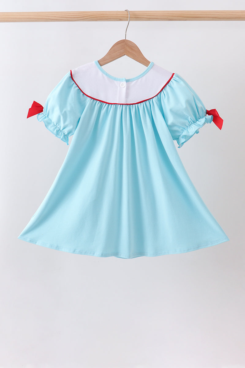 Girls Blue Apple Embroidered Dress