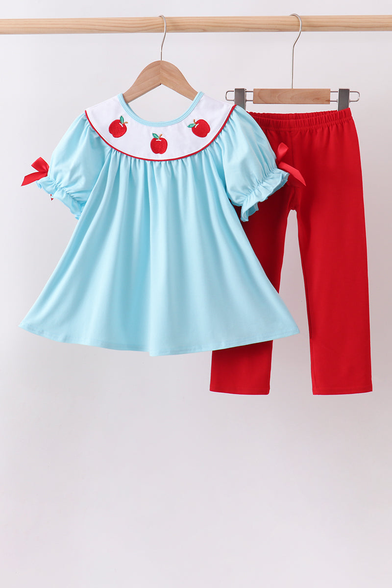 Girls Blue Apple Embroidered Pants Set