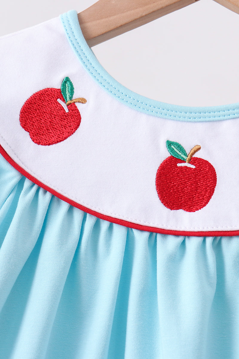 Girls Blue Apple Embroidered Pants Set