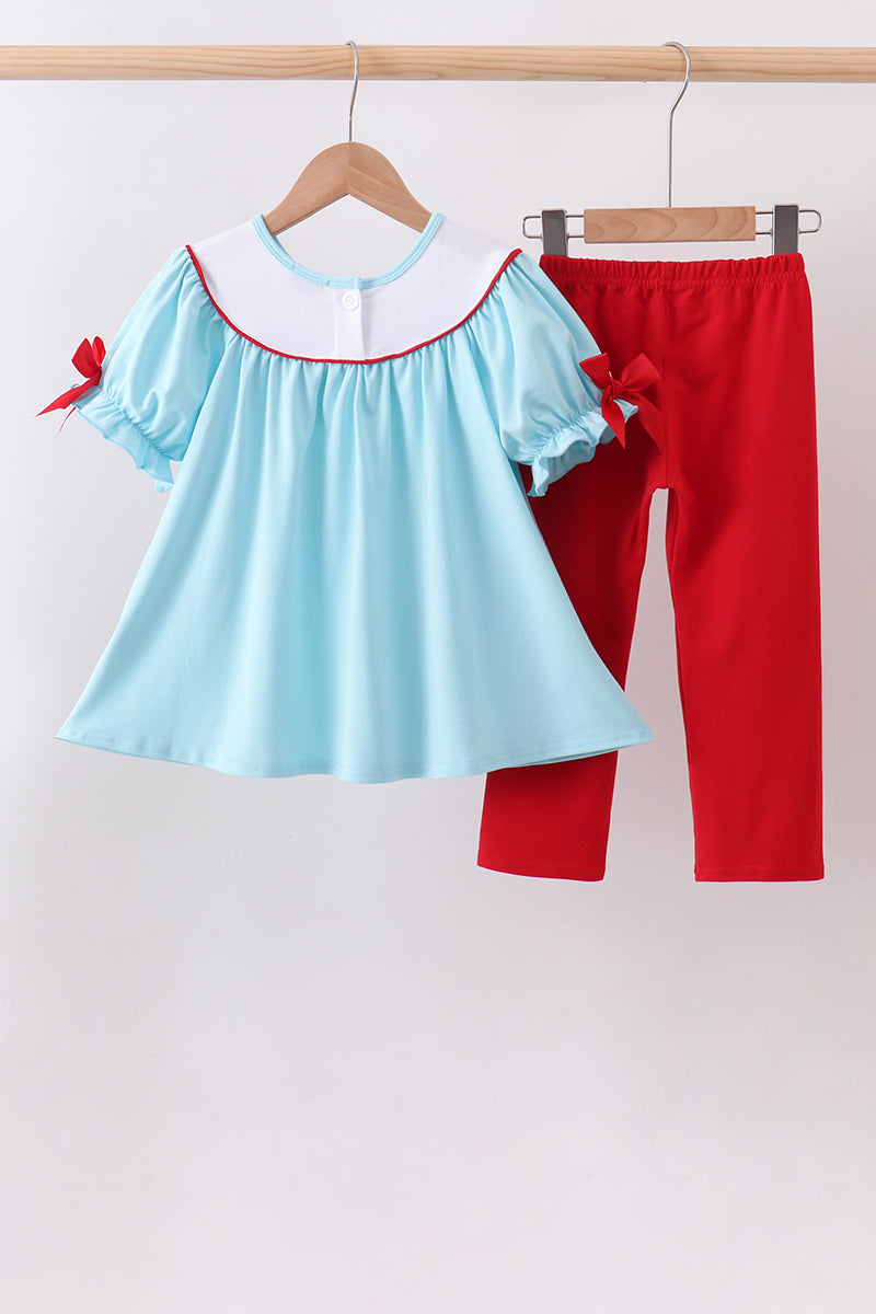 Girls Blue Apple Embroidered Pants Set