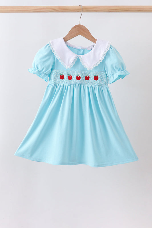 Girls Blue Apple Smocked Lace Dress