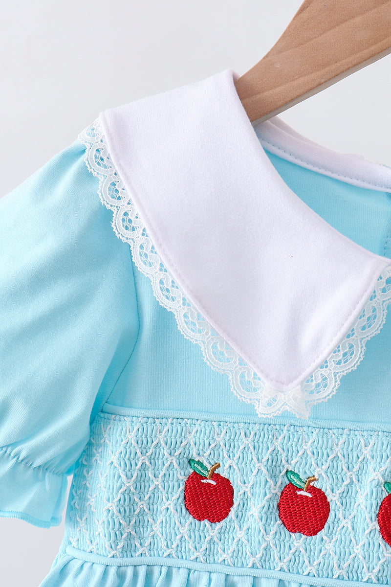 Girls Blue Apple Smocked Lace Dress
