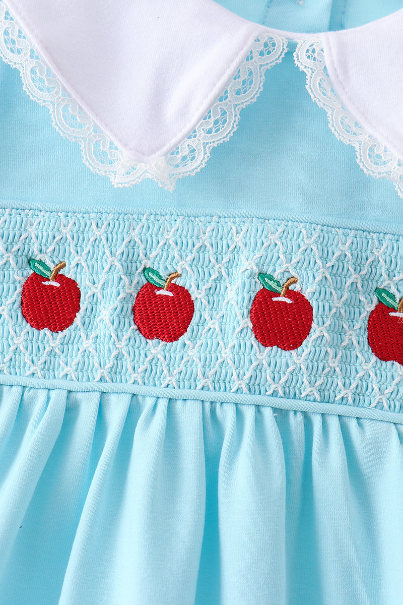 Girls Blue Apple Smocked Lace Dress