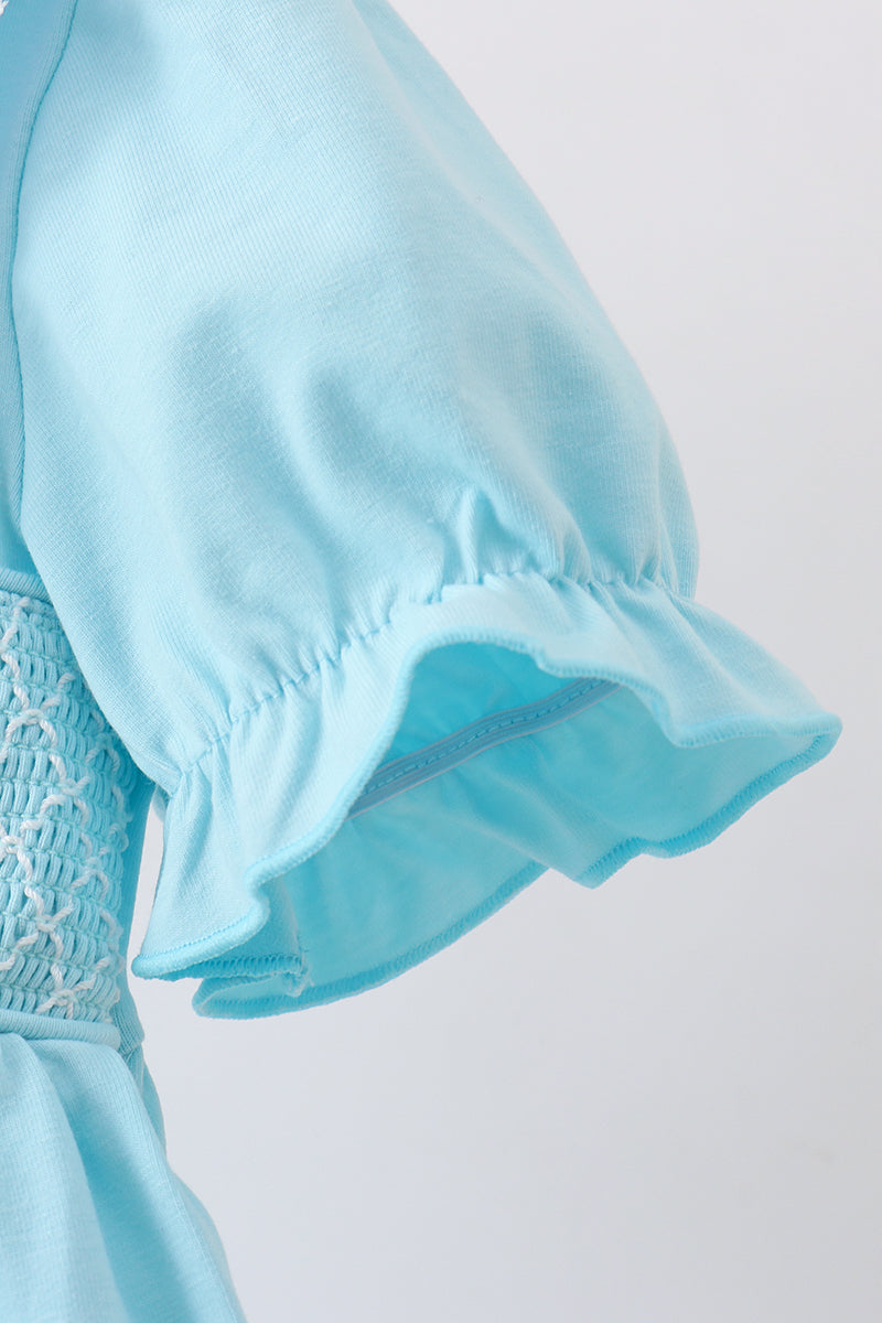Girls Blue Apple Smocked Lace Dress