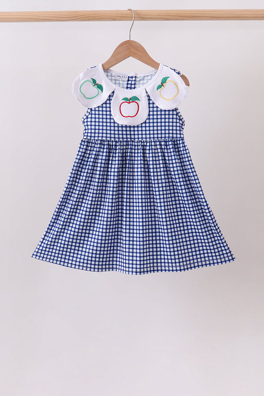 Girls Navy Apple Embroidered Gingham Dress