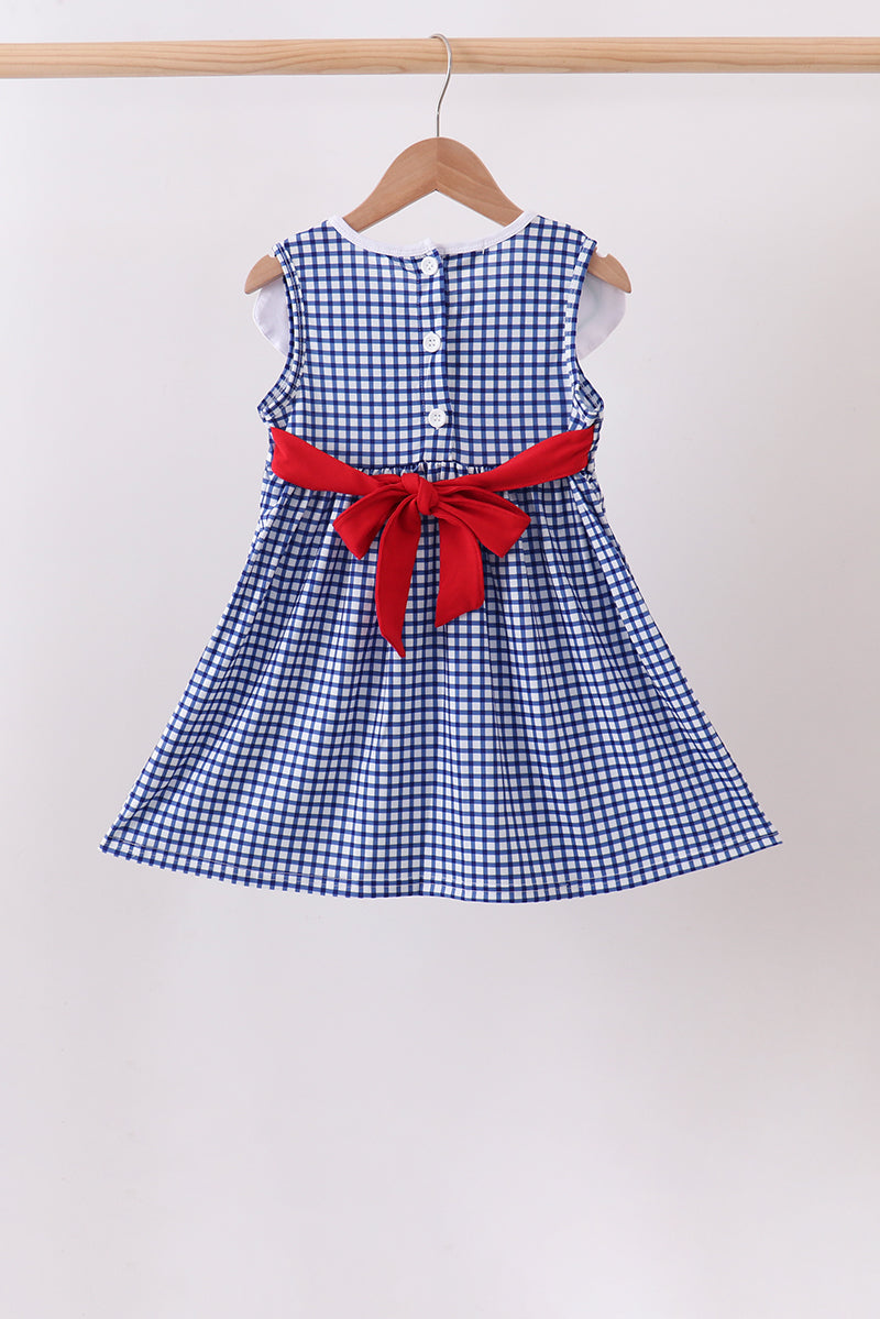 Girls Navy Apple Embroidered Gingham Dress