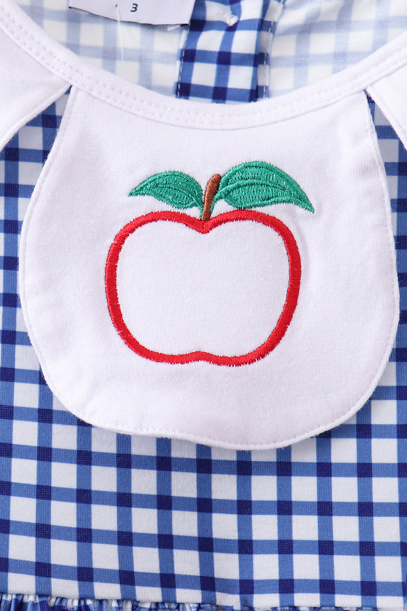 Girls Navy Apple Embroidered Gingham Dress