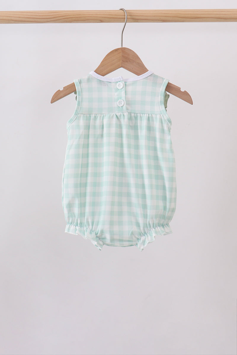 Baby Girl Green football french knot gingham ruffle bubble