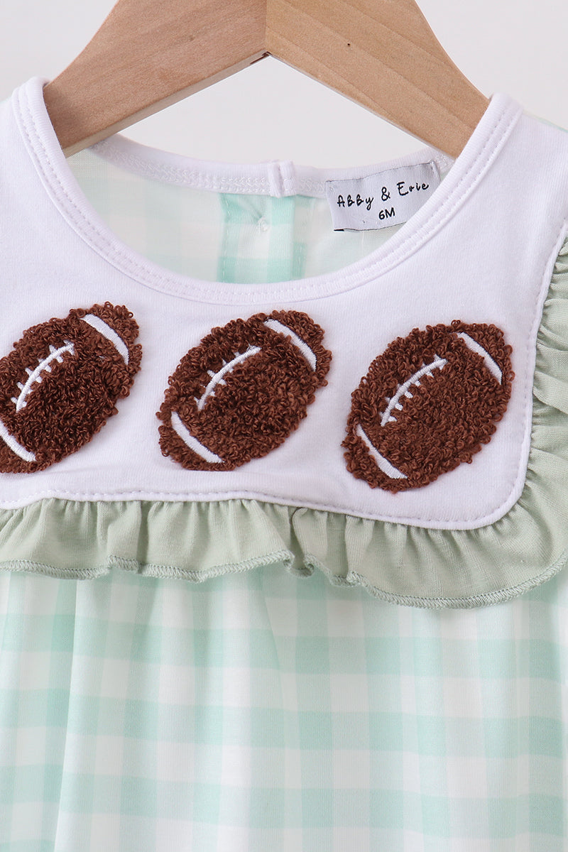 Baby Girl Green football french knot gingham ruffle bubble