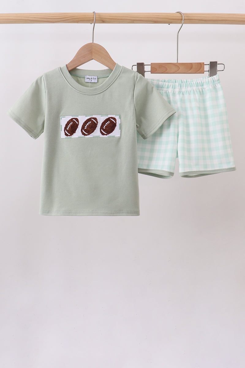 Boys’ Green Football French Knot Gingham Shorts Set