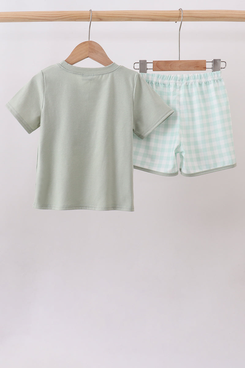 Boys’ Green Football French Knot Gingham Shorts Set