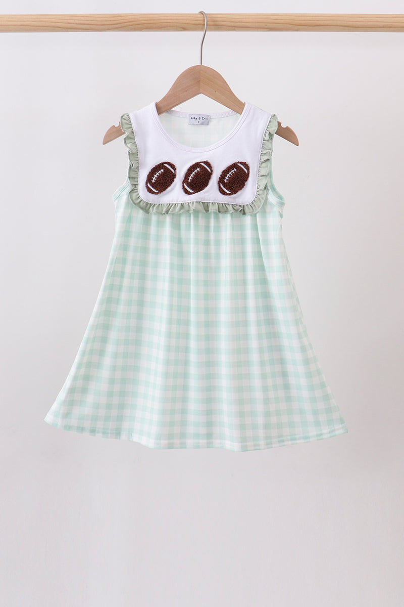 Girls Green Football French Knot Gingham Ruffle Dress