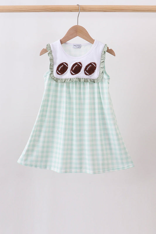 Girls Green Football French Knot Gingham Ruffle Dress