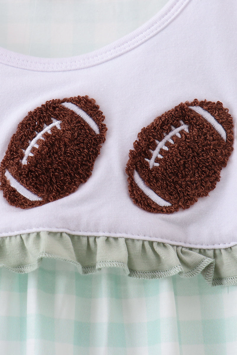 Girls Green Football French Knot Gingham Ruffle Dress