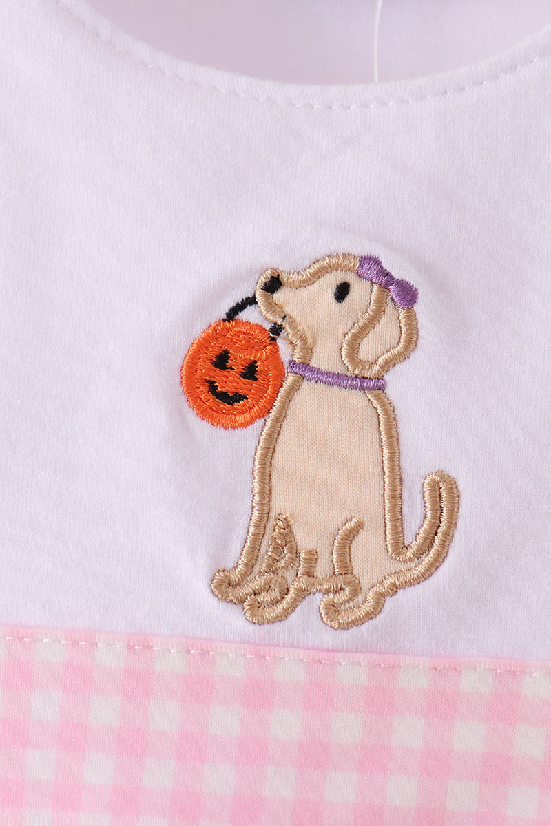 Baby Girl Pink Lab Puppy Pumpkin Applique Bow Bubble