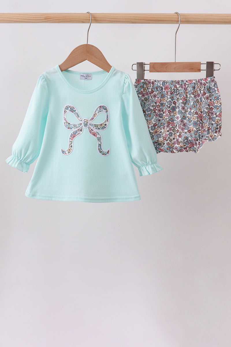 Girls Blue Floral Bow Applique Bloomer Set