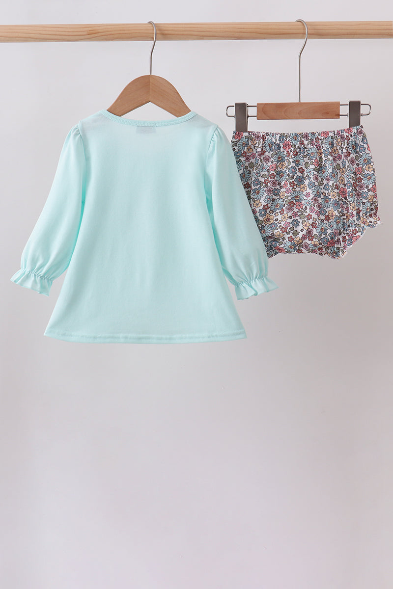 Girls Blue Floral Bow Applique Bloomer Set