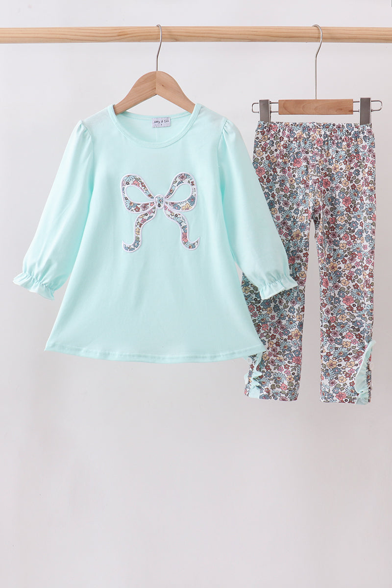 Girls Blue Floral Bow Applique Pants Set
