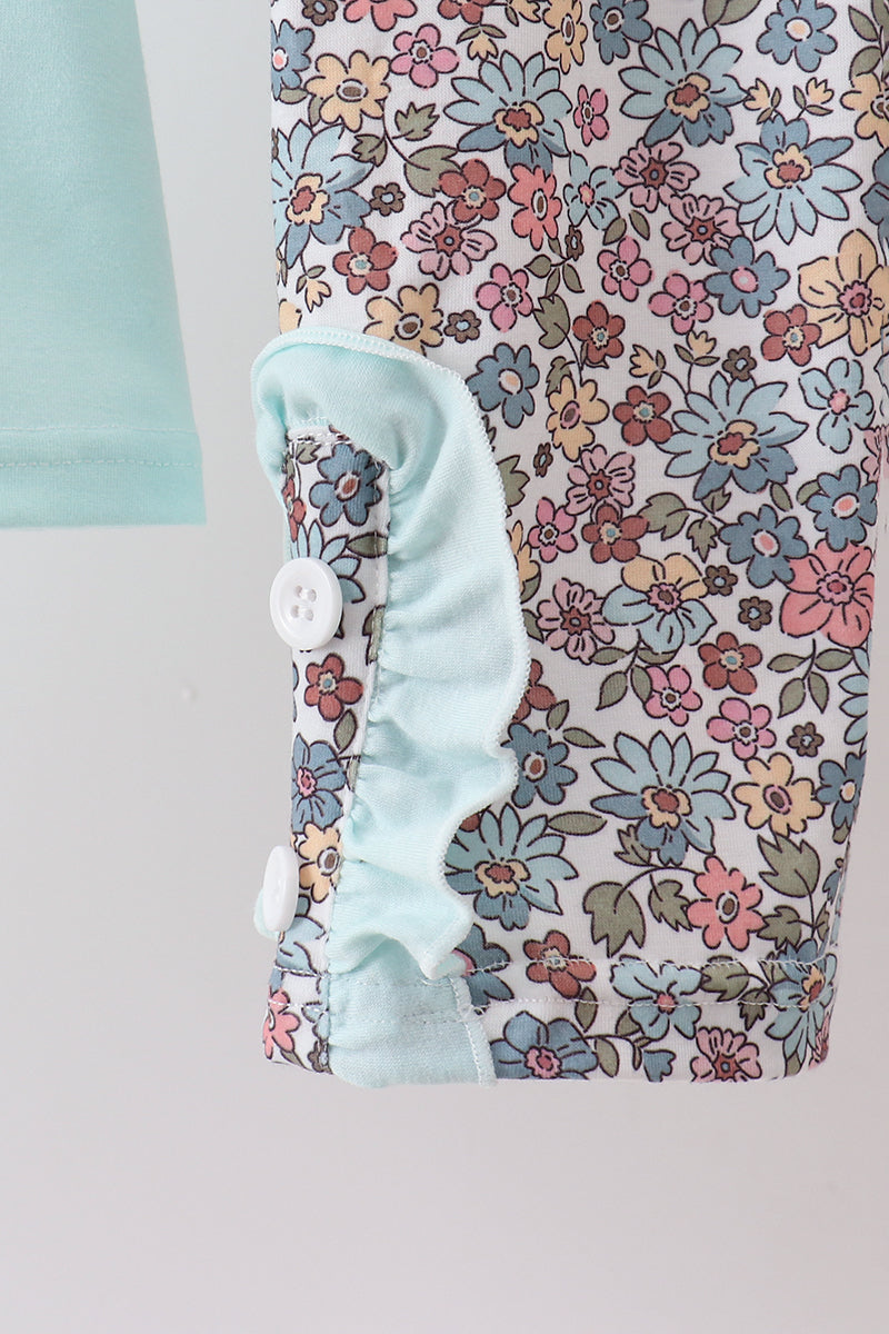 Girls Blue Floral Bow Applique Pants Set