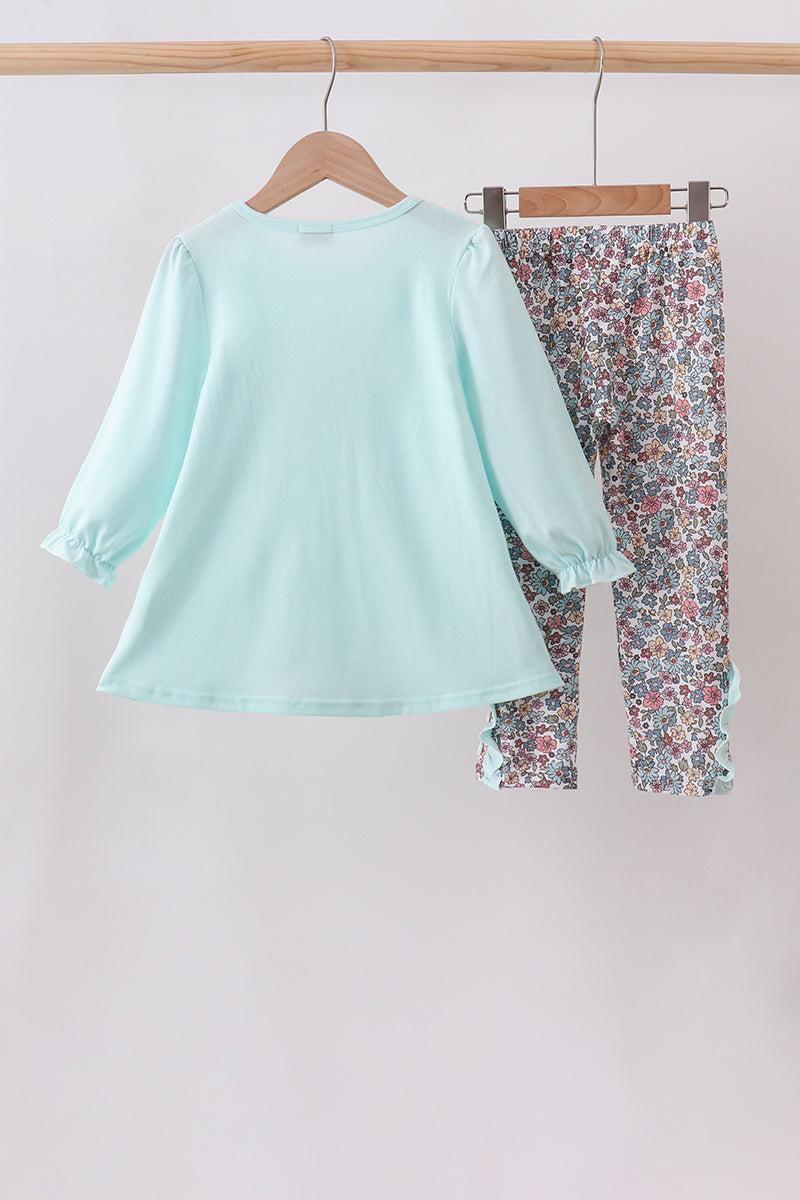 Girls Blue Floral Bow Applique Pants Set