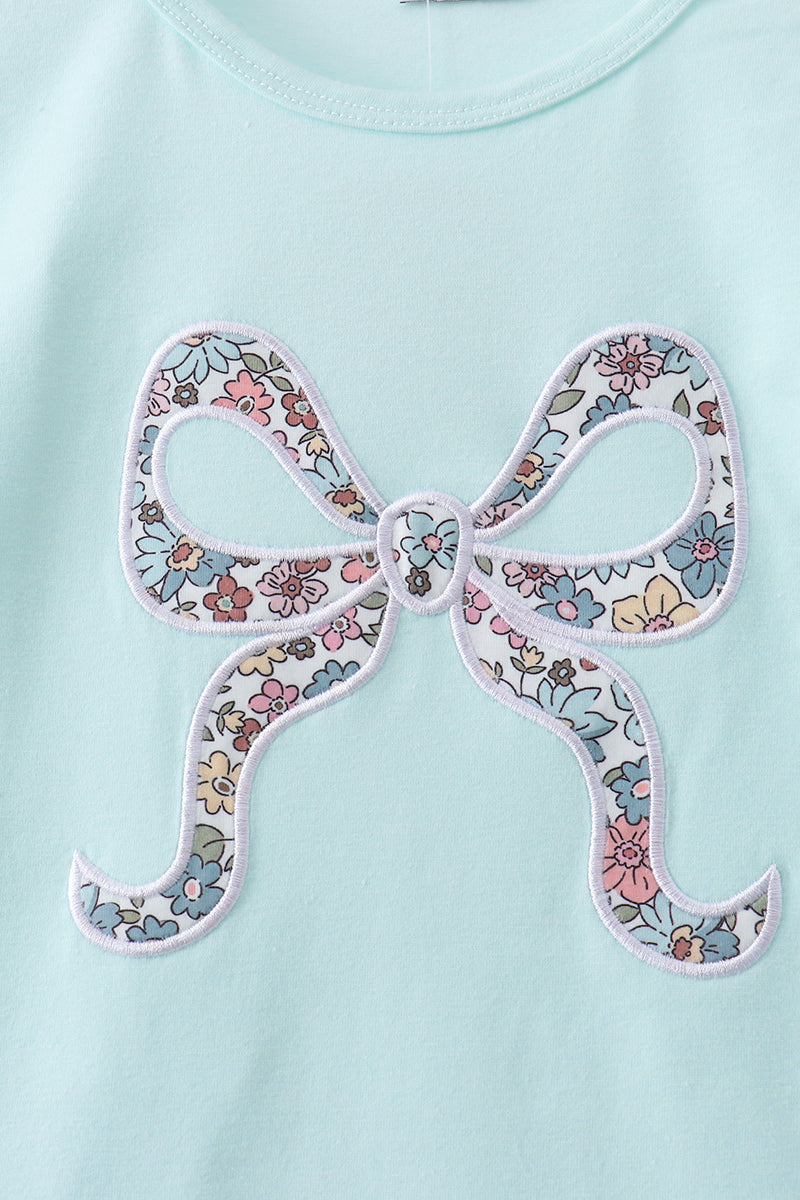 Girls Blue Floral Bow Applique Pants Set
