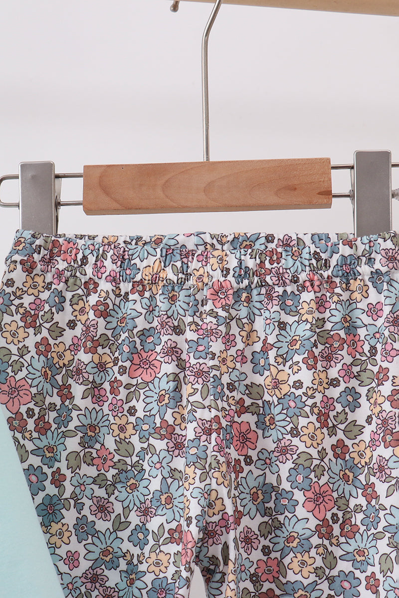 Girls Blue Floral Bow Applique Pants Set