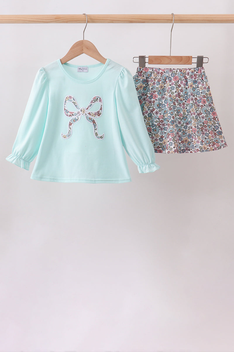Long Sleeve Blue Floral Bow Applique Skorts Set